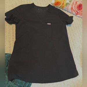 Figs Black V-Neck Scrub Top with Chest Pocket and Logo Tab